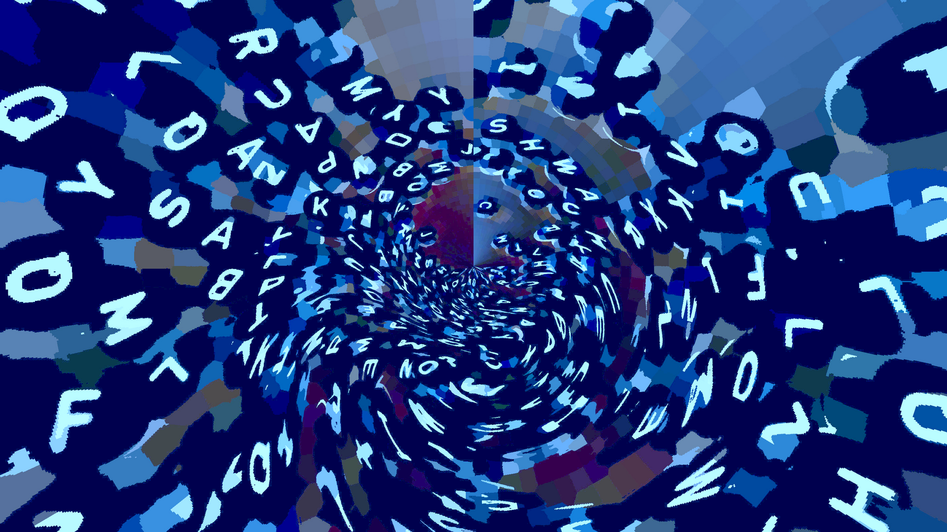 Logo ÜberAll: Viele Buchstaben fließen in einer Spirale zueinander