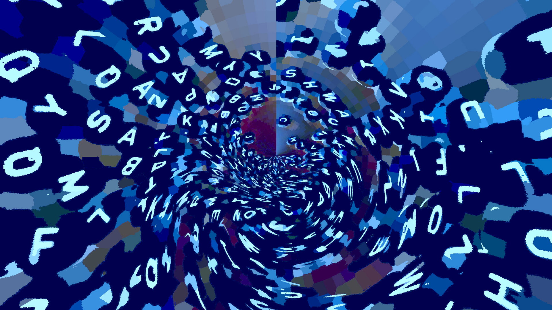 Logo ÜberAll: Viele Buchstaben fließen in einer Spirale zueinander