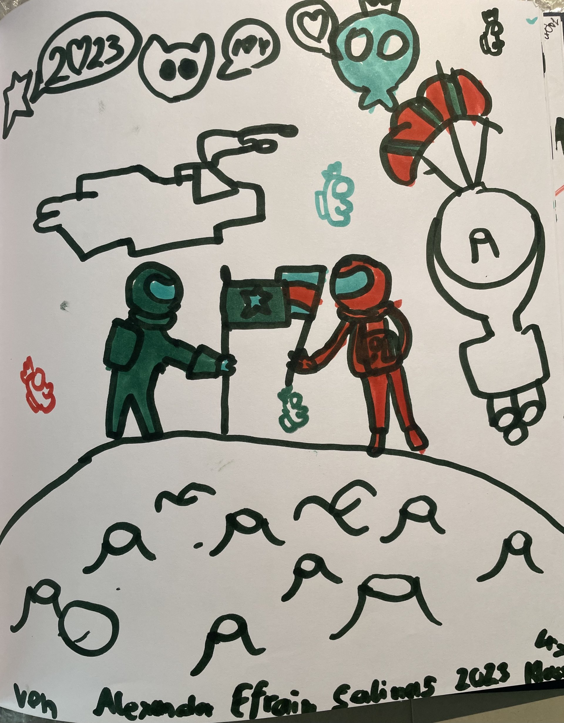 Gemaltes Bild von zwei Astronauten auf einem neuen Planeten 