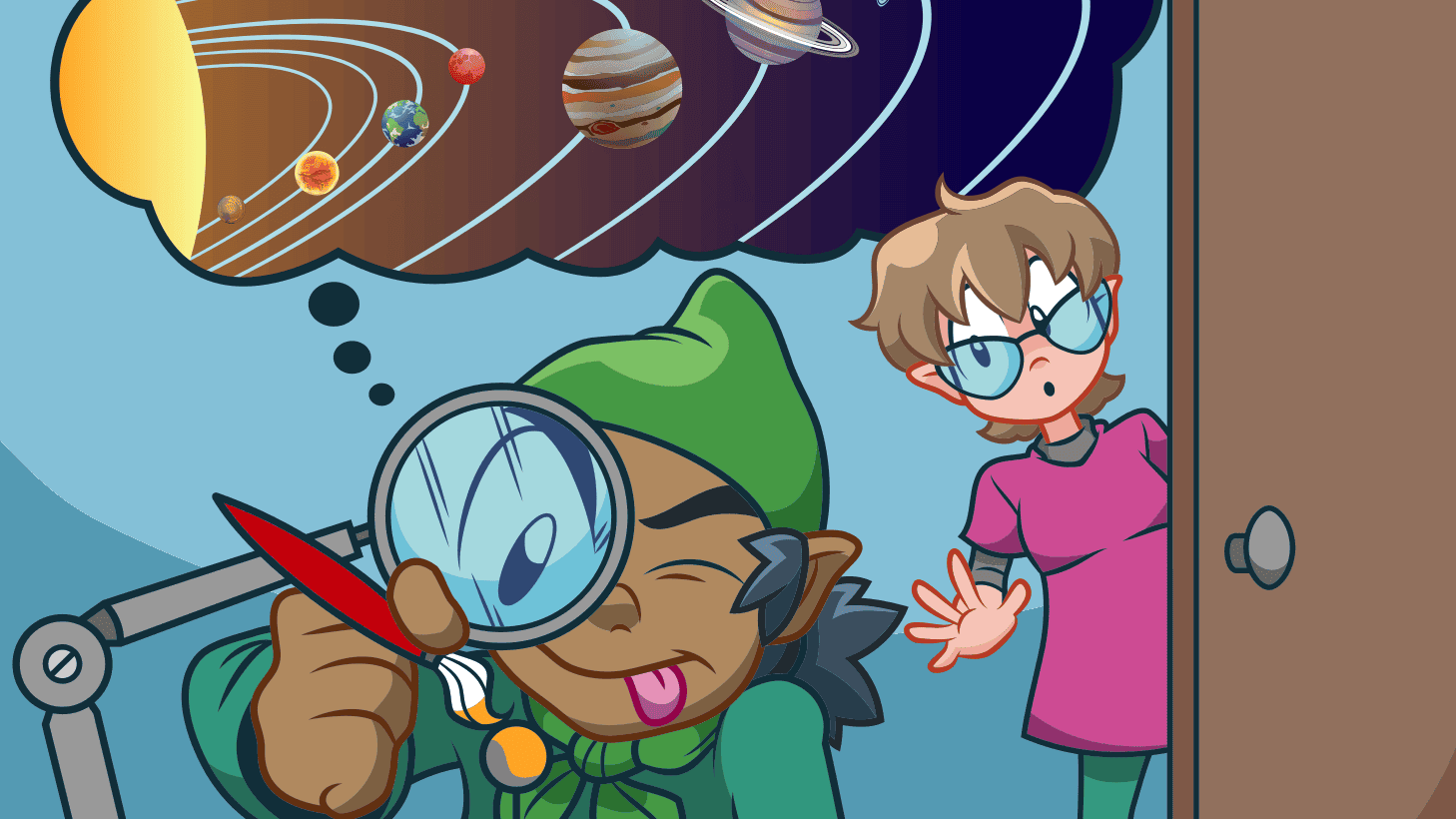 Grafik von einem Jungen, der durch eine Lupe schaut und dabei an das Universum denkt.