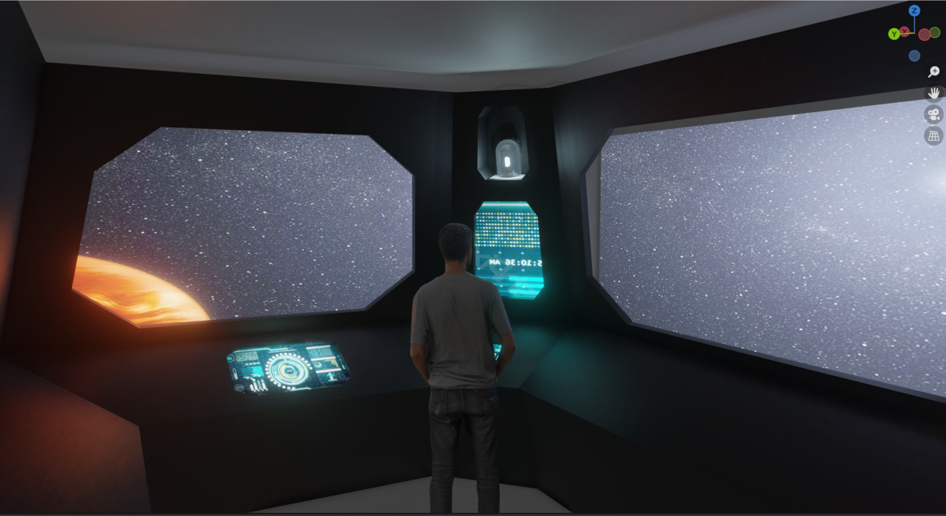 Entwurf des Cockpits, der die großen Fenster zeigt.