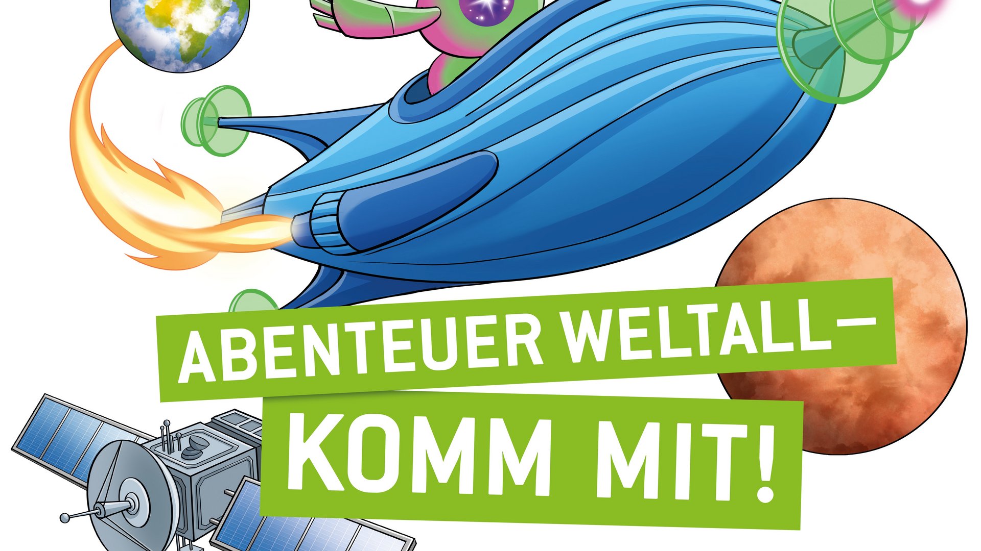 Logo Tag der kleinen Forscher: Zeichnung einer Rakete, auf der ein lächelnder Alien sitzt, umgeben von mehreren Planeten