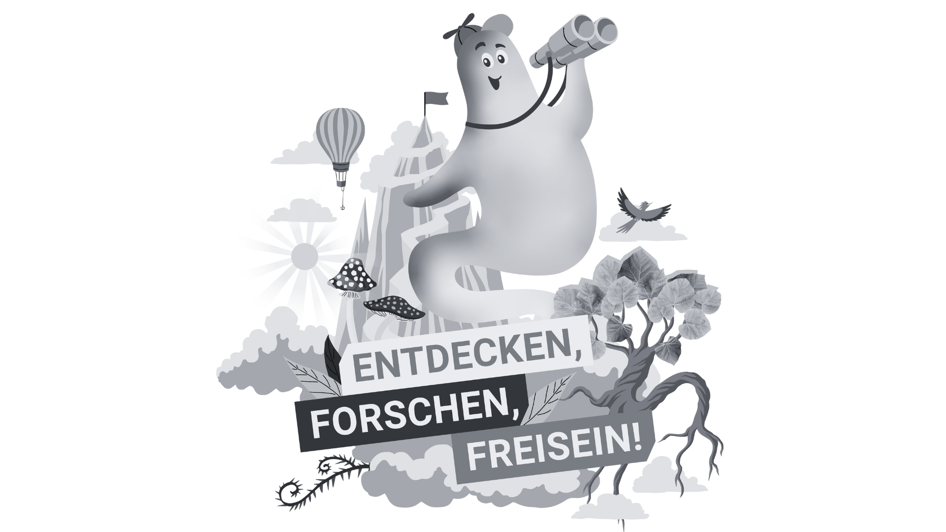 Motto der MINTmachtage: "Entdecken, Forschen, Freisein!" mit einem Bild vom Forschergeist.