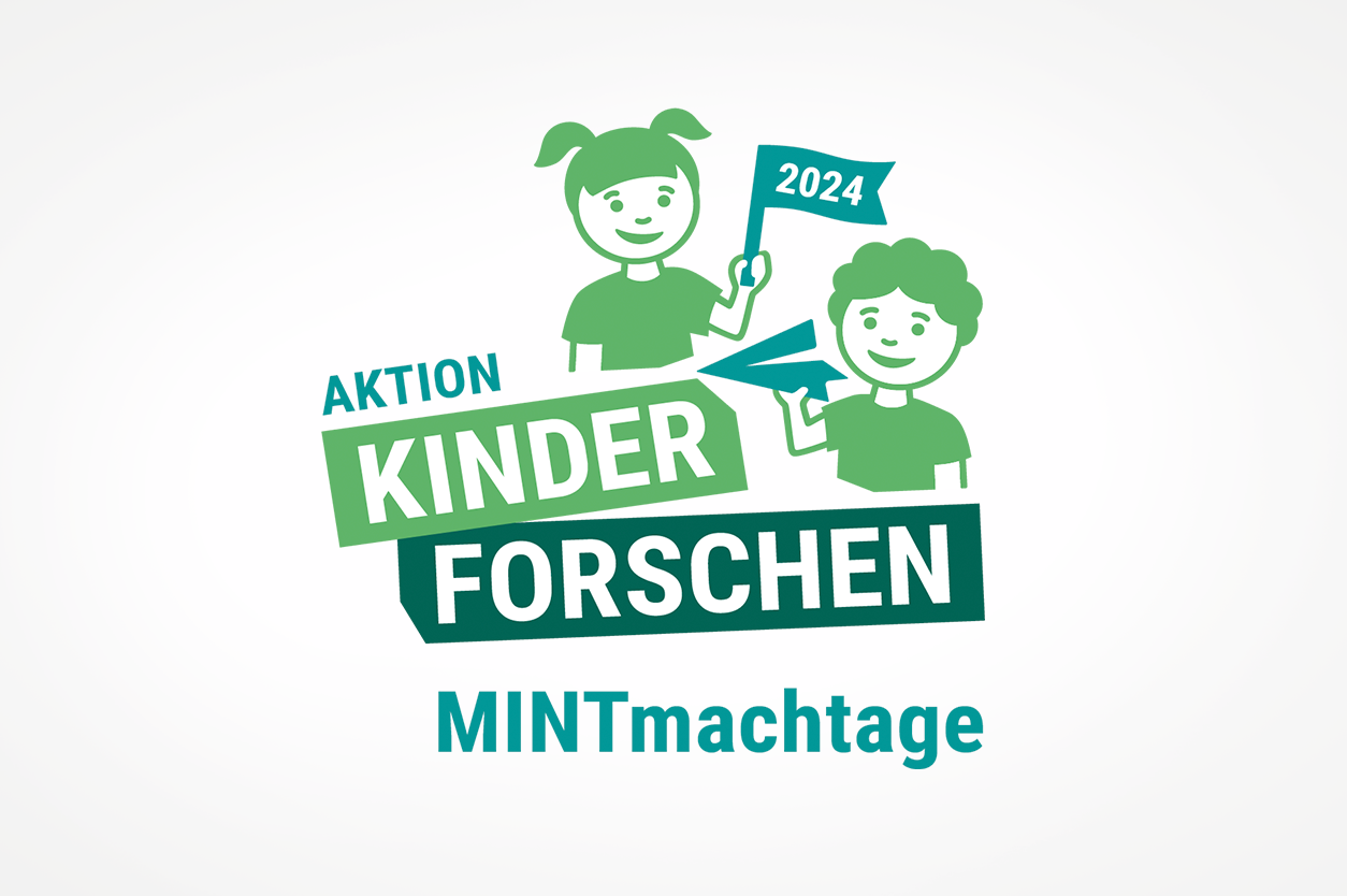 Schriftzug "Stiftung Kinder Forschen" mit der Unterschrift "MINTmachtage", darüber eine Zeichung von zwei Kindern.