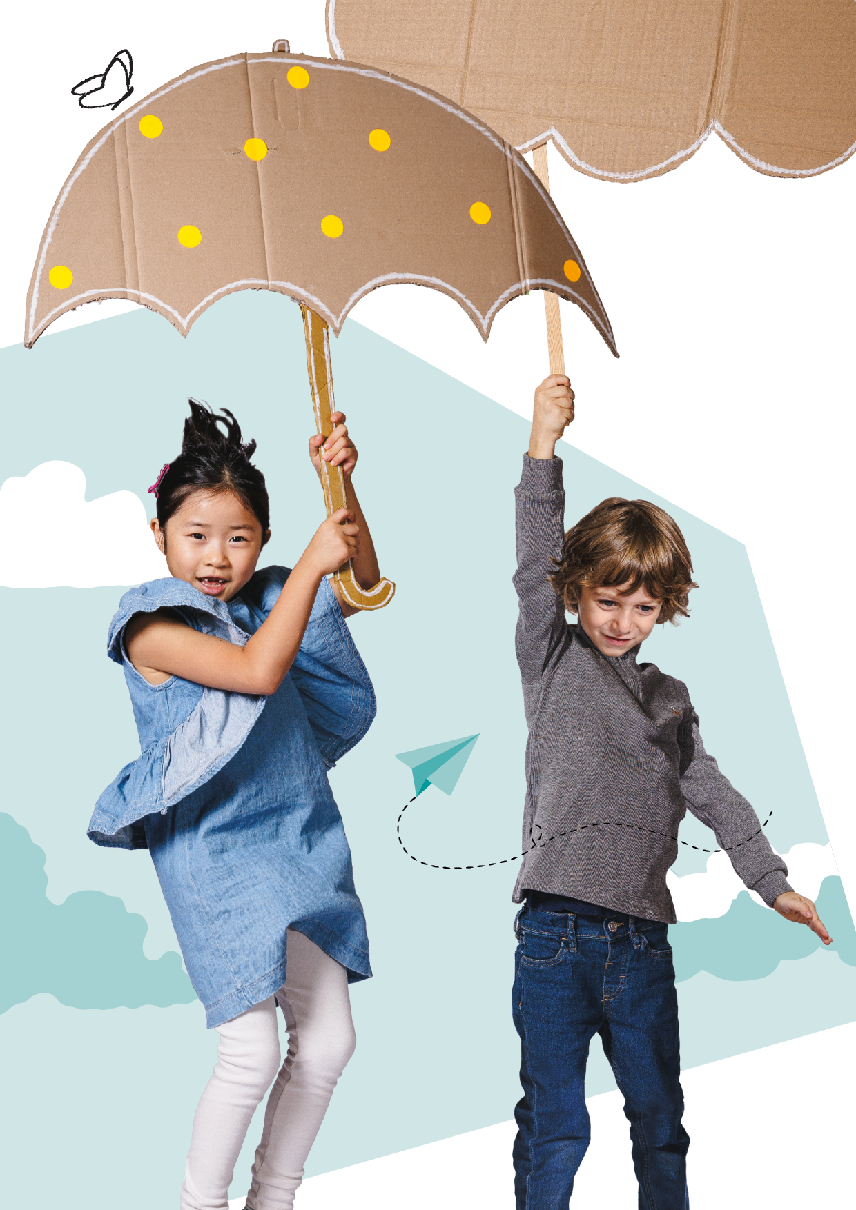 Collage mit zwei Kindern unter einem Regenschirm.