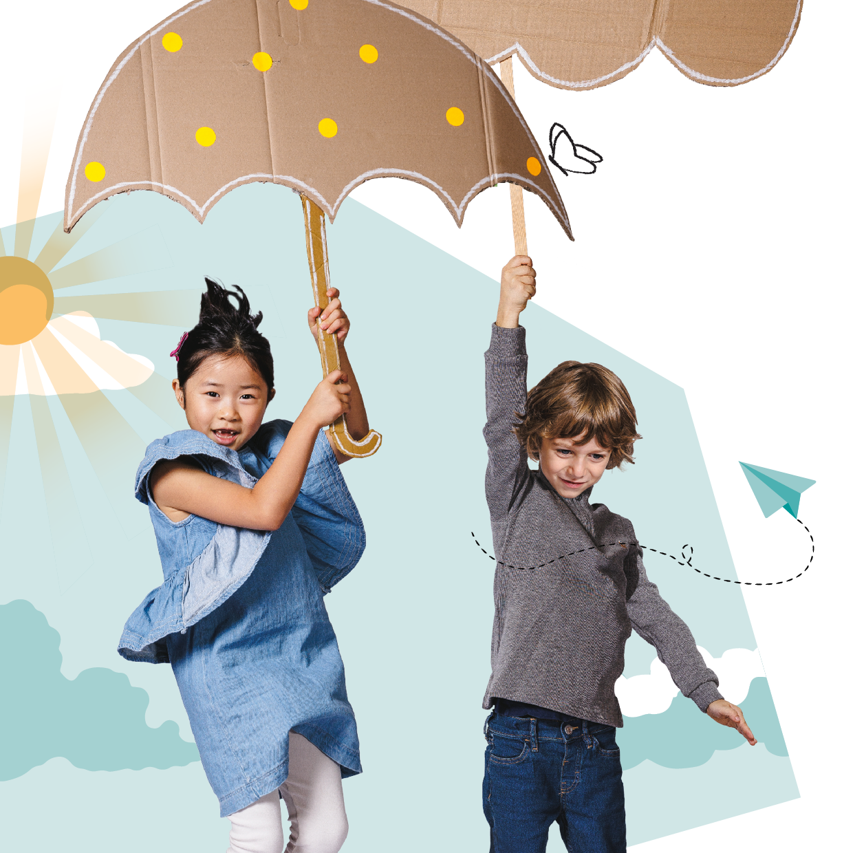 Projektbild MINTmachtage: Collage mit zwei Kindern unter einem Regenschirm.