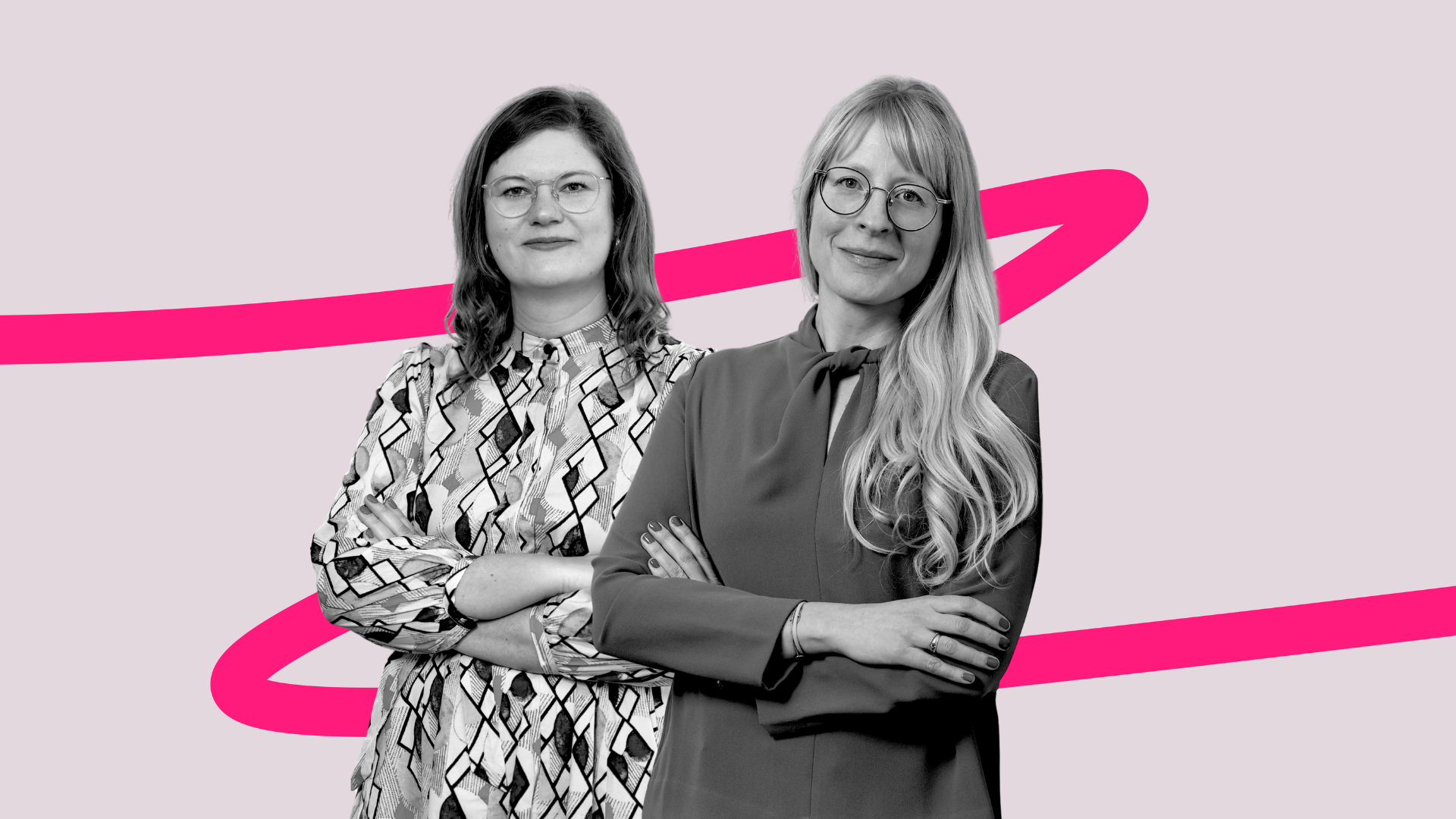 Portraits von Ulrike Weber und Tina Seibert vor der pinken Linie des Wissenschaftsjahres.