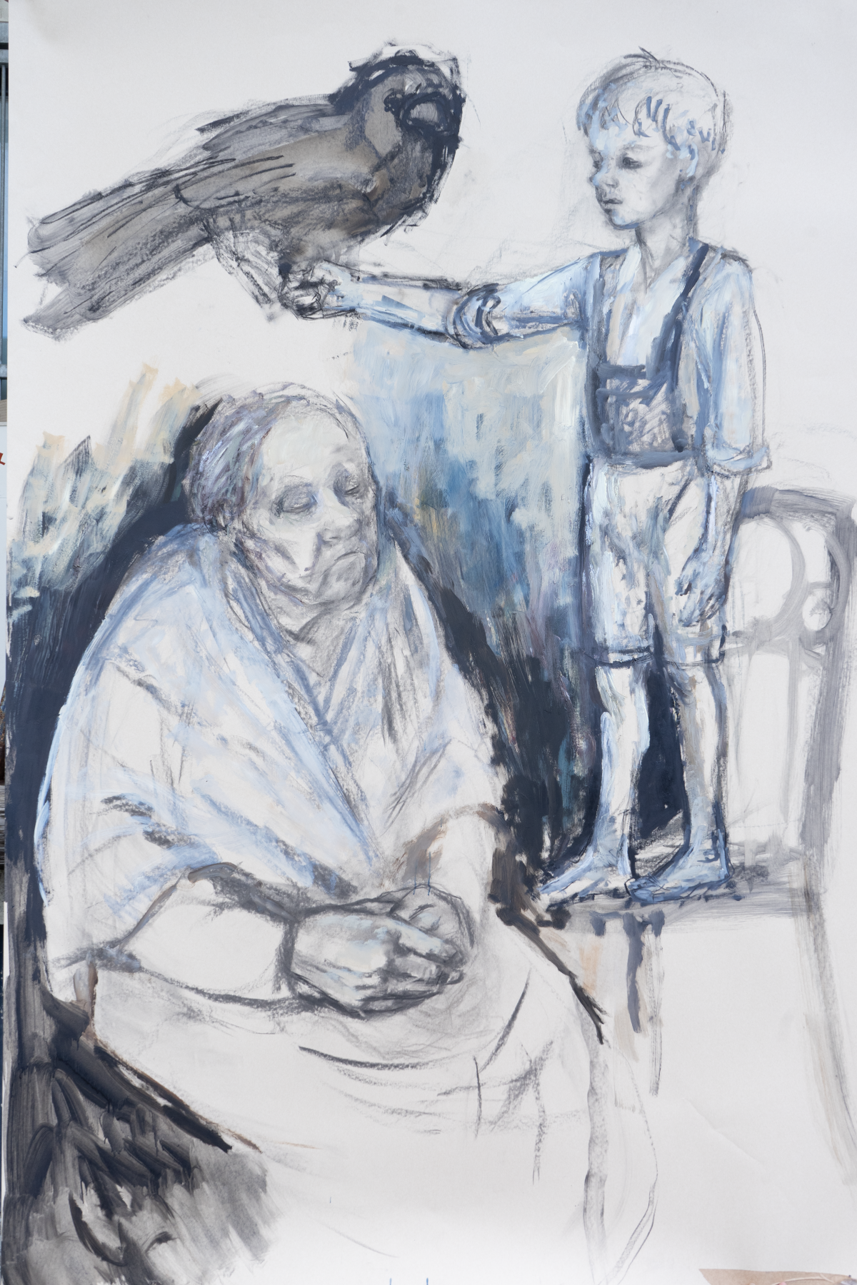 Kunstwerk von Era Freidzon mit einer alten Dame und einem Jungen mit einem Vogel auf der Hand.