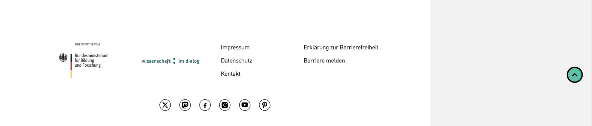 Bildschirmfoto der Fußzeile mit den Logos vom BMBF und von WiD sowie den Menüpunkten und den Social Media-Verlinkungen.