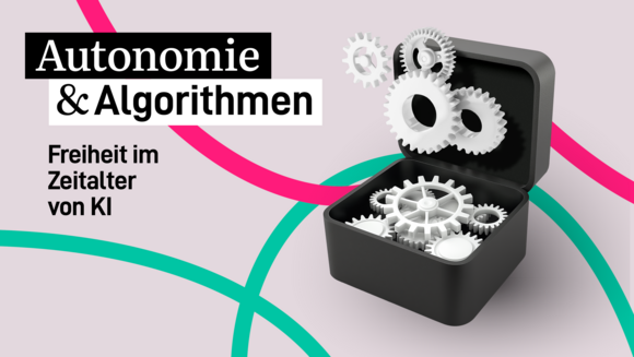 Das Logo des Podcast „Autonomie & Algorithmen“: Eine schwarze Kiste mit Zahnrädern im Inneren.