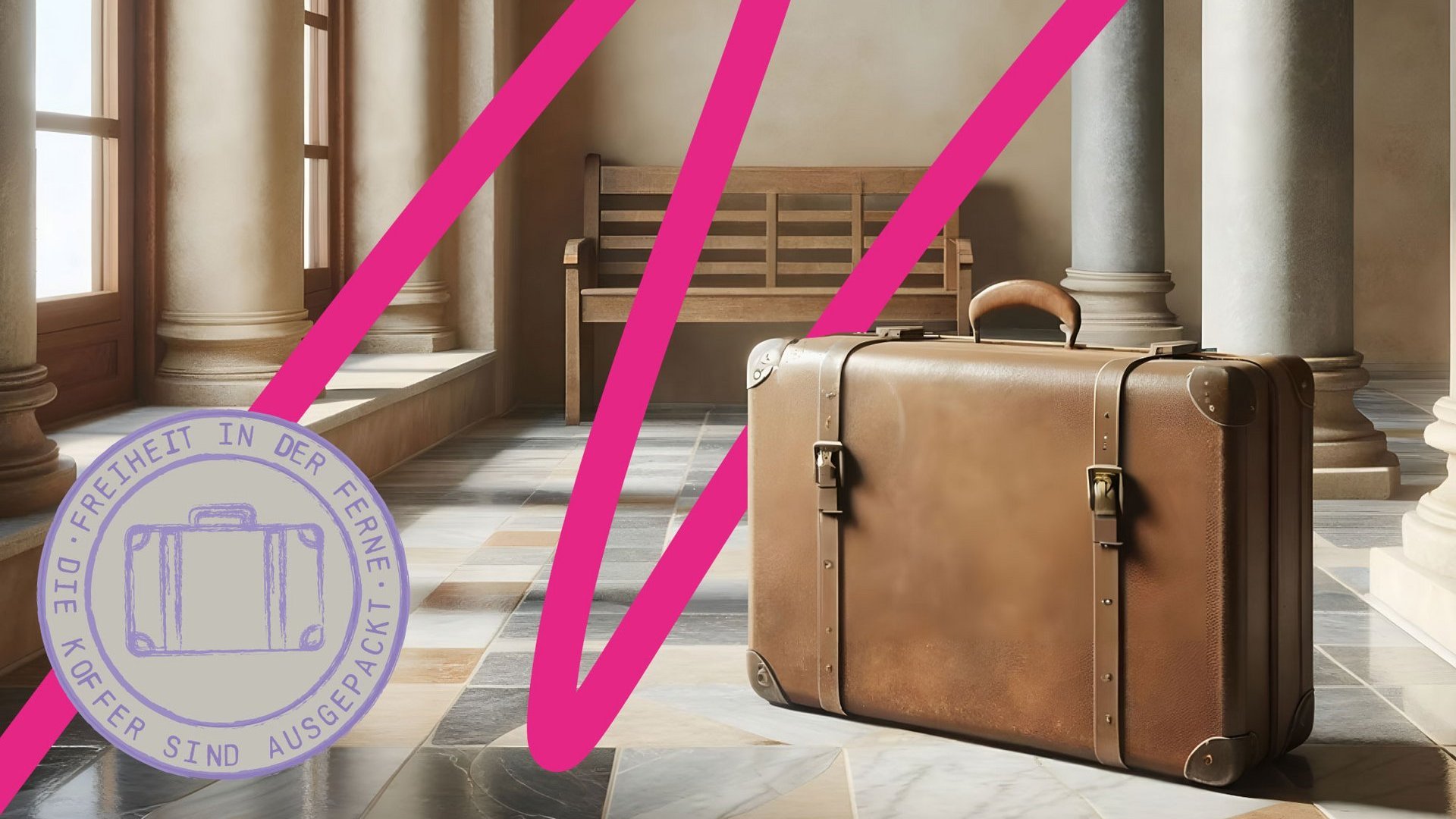 Ein Lederkoffer in einem alten Gebäude mit der Wissenschaftsjahr-Linie.