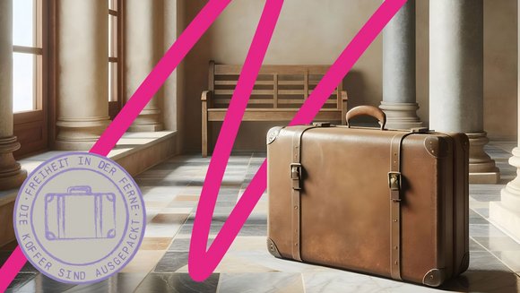 Ein Lederkoffer in einem alten Gebäude mit der Wissenschaftsjahr-Linie.