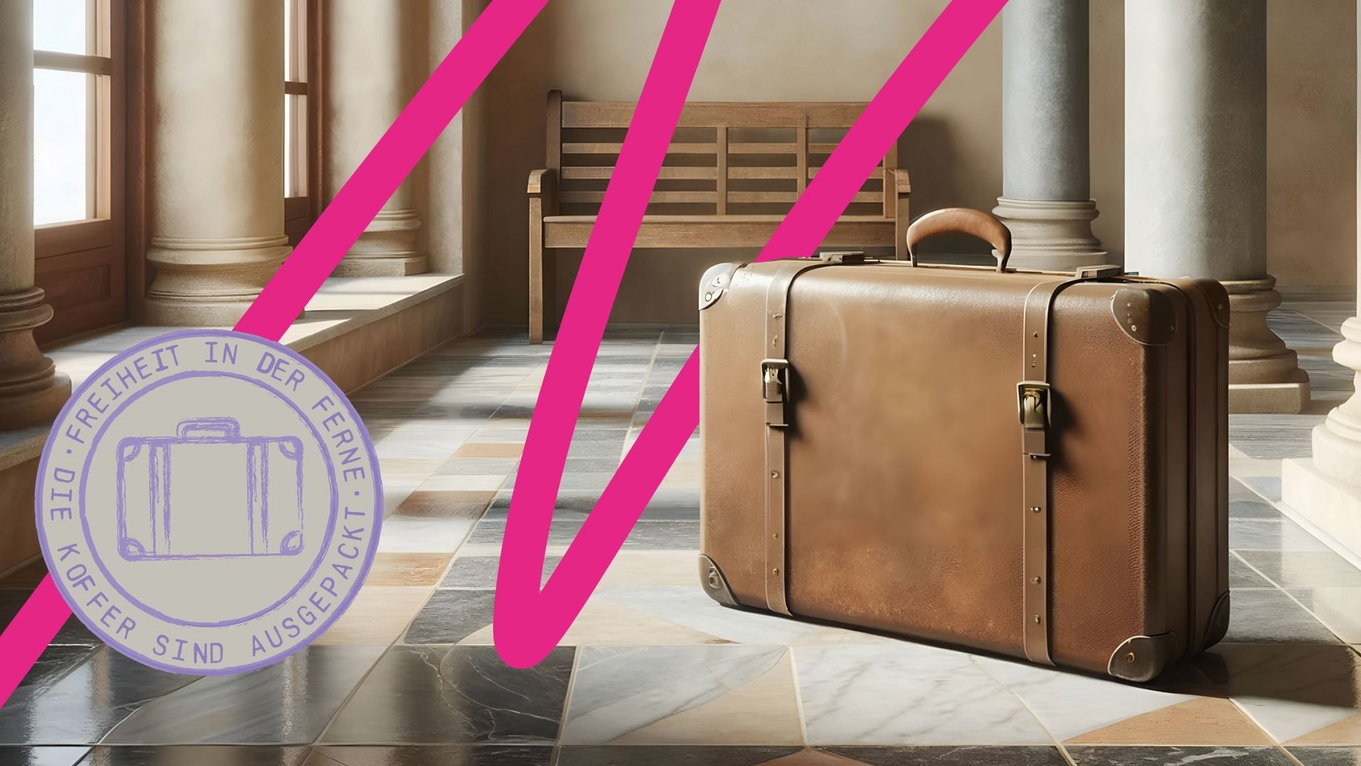 Ein Lederkoffer in einem alten Gebäude mit der Wissenschaftsjahr-Linie.