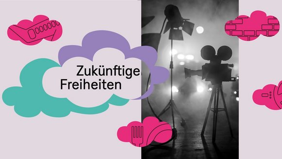 Collage mit Schriftzug „Zukünftige Freiheiten“ neben rosa Wolken und Filmequipment.