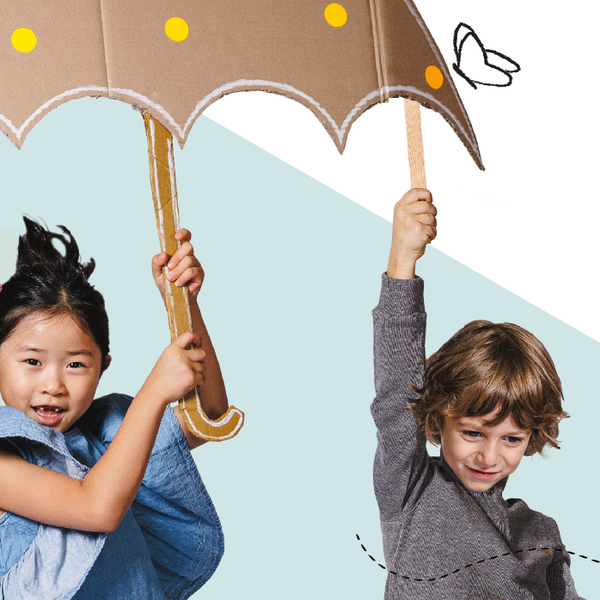 Projektbild MINTmachtage: Collage mit zwei Kindern unter einem Regenschirm.