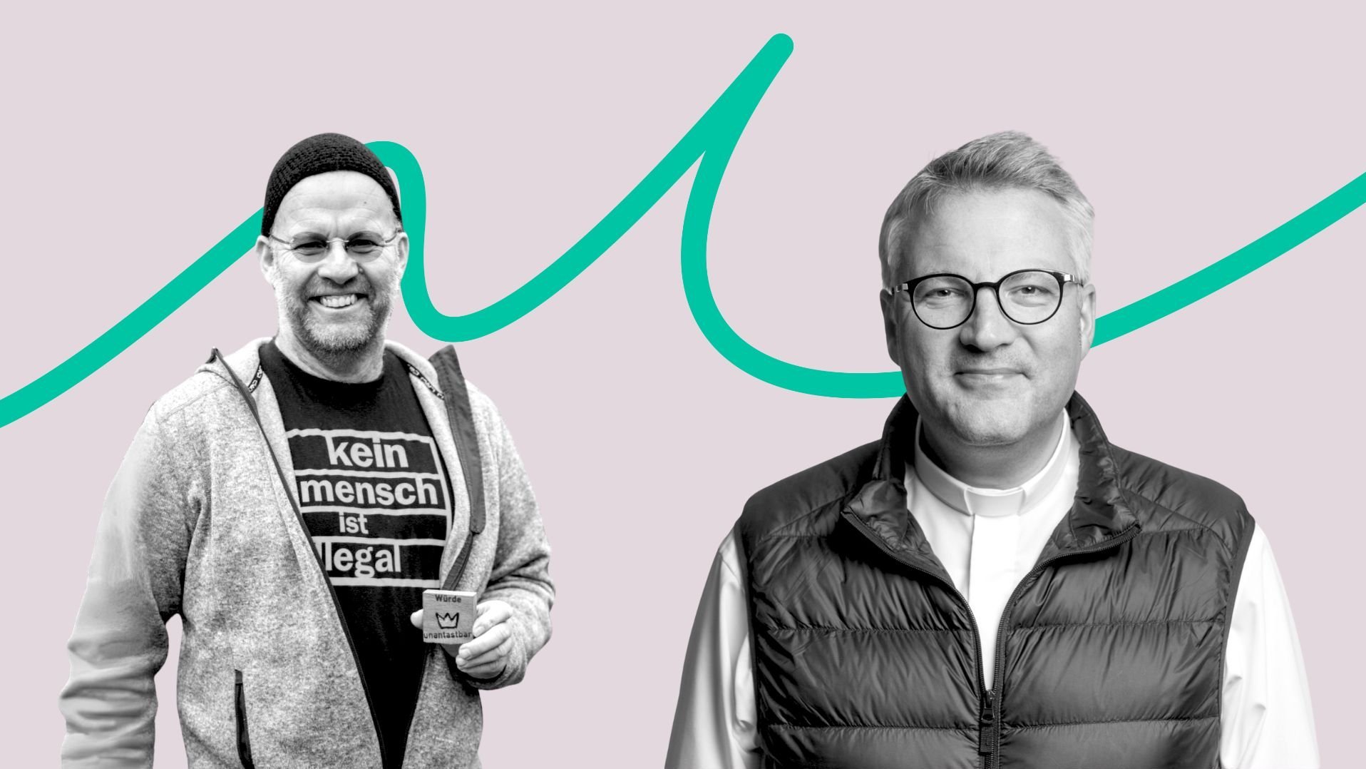 Portraits von Diakon Knoblauch und Pater Christoph vor der grünen Linie.