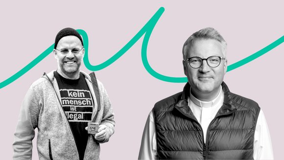 Portraits von Diakon Knoblauch und Pater Christoph vor der grünen Linie.