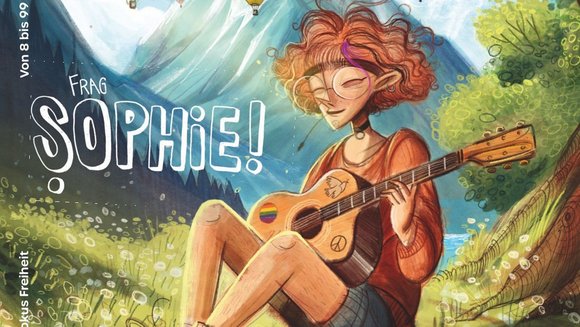 Cover des "Frag Sophie!"-Magazins zum Thema Freiheit, darauf spielt eine Comicfigur Gitarre.