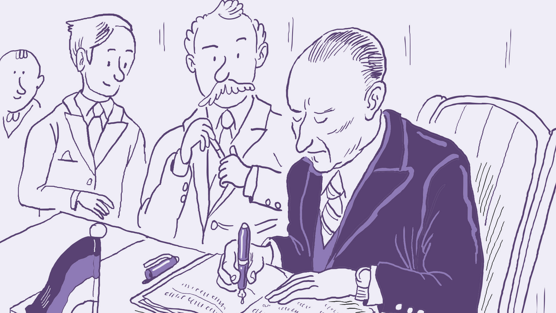 Illustration von Konrad Adenauer beim Unterzeichnen des Grundgesetztes 1949.