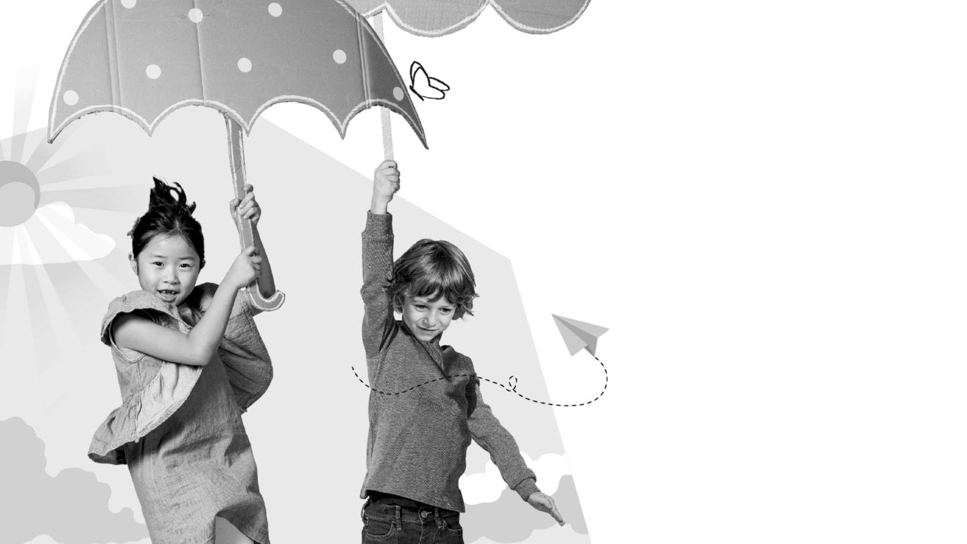 Collage mit zwei Kindern unter einem Regenschirm.