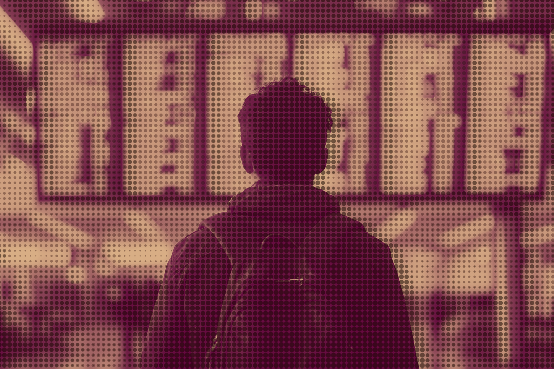 Popart eines Jungen mit Rucksack vor einer Flugtafel.