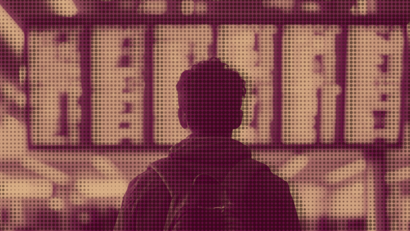 Popart eines Jungen mit Rucksack vor einer Flugtafel.