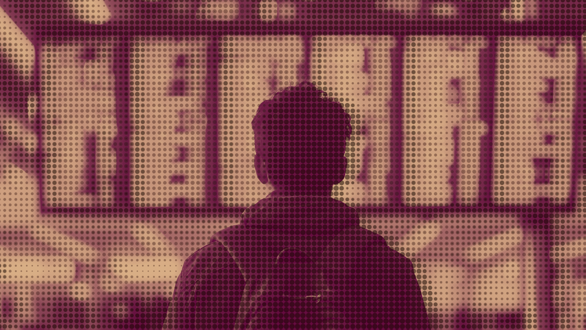 Popart eines Jungen mit Rucksack vor einer Flugtafel.