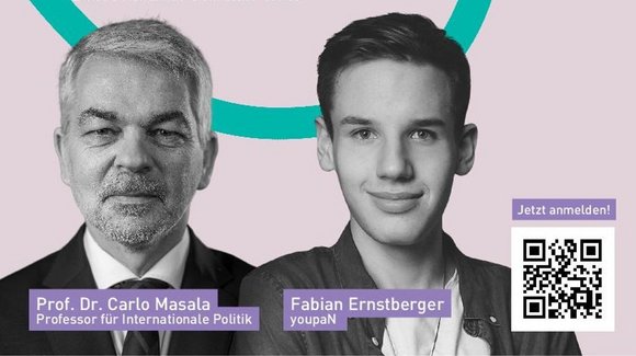 Ankündigung der Veranstaltung "Freiheit braucht Bildung" mit Porträts von Prof. Dr. Carlo Masala und Fabian Ernstberger.