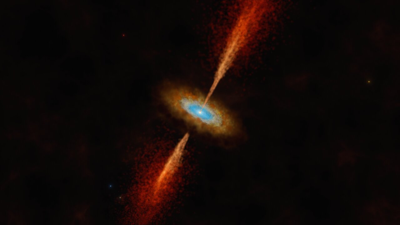 Ein Stern im Zentrum des Bildes umrundet von einer Scheibe, die innen blau und außen orange leuchtet. Senkrecht zur Scheibe stößt das System Jets aus, die rot dargestellt sind. Der Hintergrund ist schwarz.