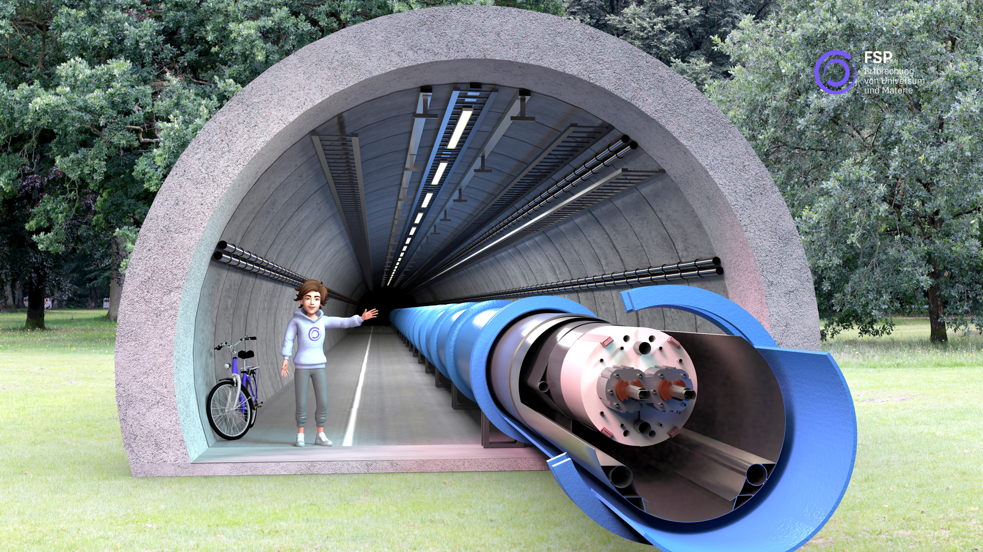 AR Darstellung: eine Person steht neben einem Tunnel auf einer Wiese