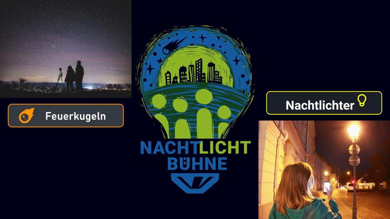 Logo Nachtlicht-Bühne: eine gezeichnete Glühbirne, in der eine Stadt unter einem Nachthimmel abgebildet ist. Daneben sind zwei Fotos von Menschen, die den Nachthimmel beobachten und einer Frau, die ein Handy in der Hand hält. 