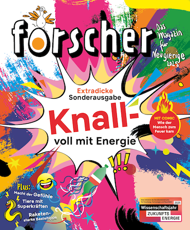 Cover des forscher-Magazins mit Aufschrift "forscher – Knallvoll mit Energie" und Farbstreifen im Hintergrund