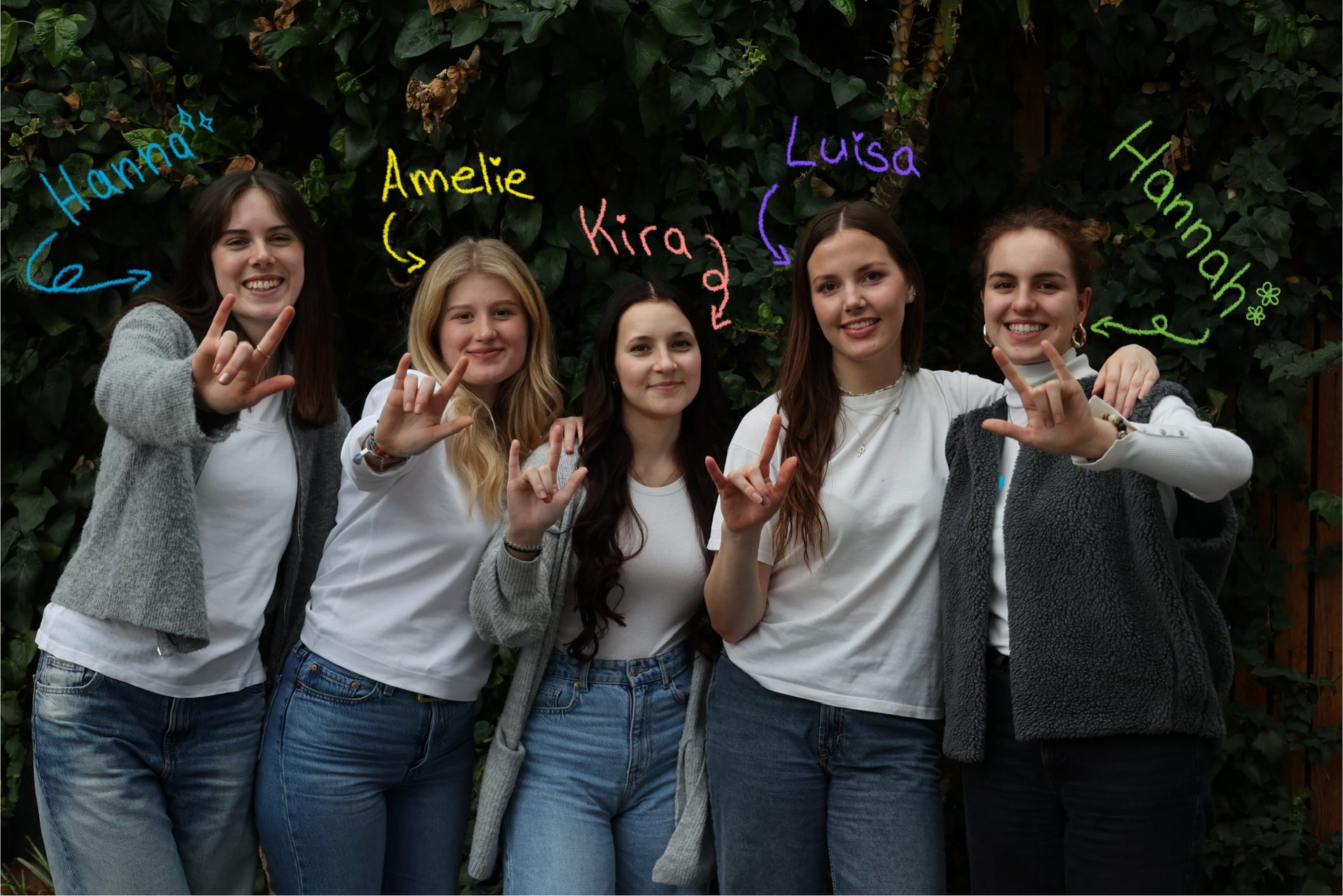 Fünf Teilnehmerinnen von Energiealogue posieren für ein Gruppenfoto und zeigen das internationale Zeichen für Solidarität mit allen Gebärdensprachler:innen. Die Namen der einzelnen Studentinnen stehen über ihren Köpfen - Hanna, Amelie, Kira, Luisa, Hannah.