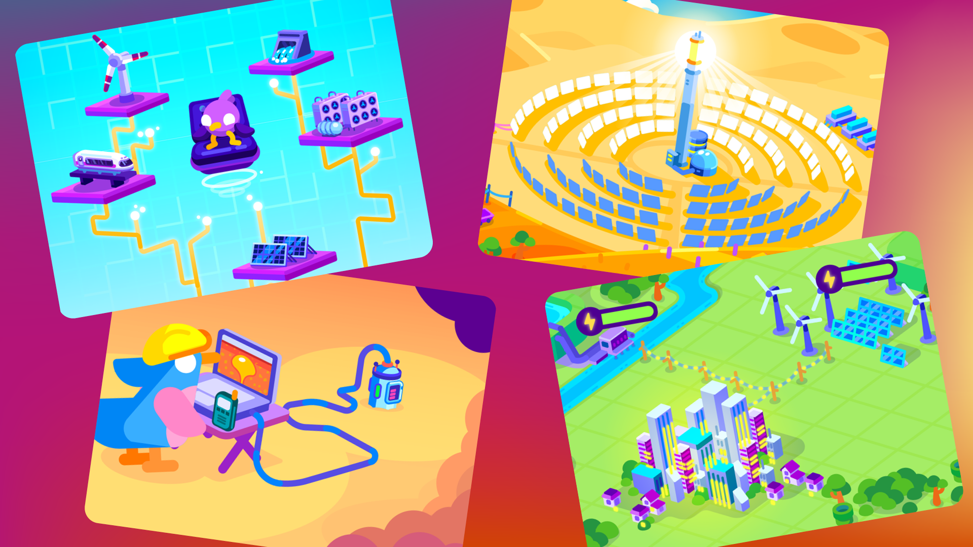 Collage von Animationen zu Erneuerbaren Energien.