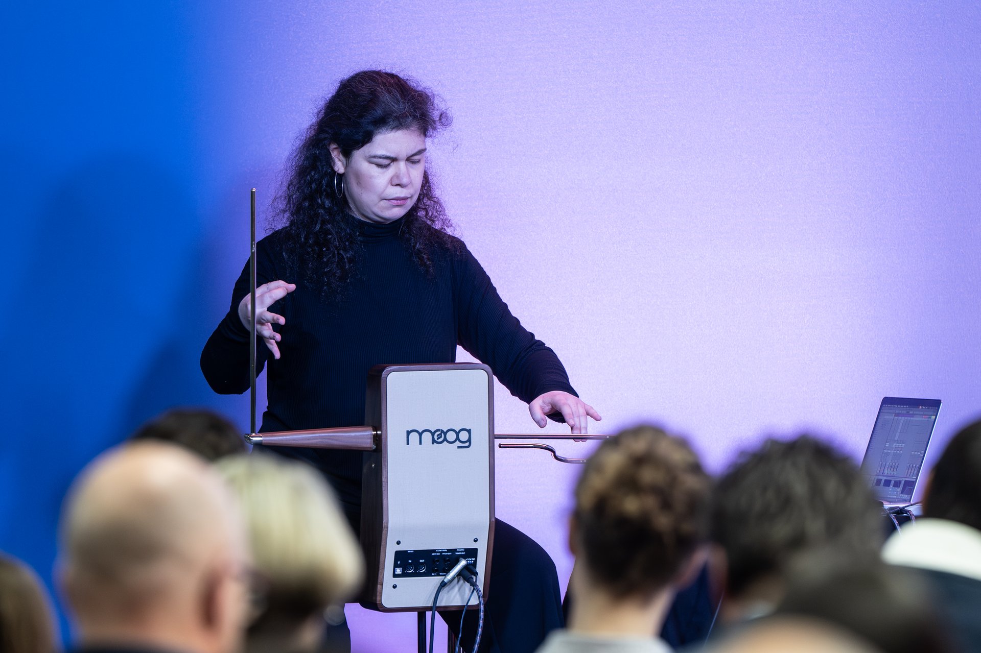 Eine Frau spielt ein Instrument auf einer Bühne.