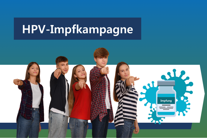 Werbebild der HPV-Impfkampagne: Collage mit mehreren Jugendlichen und Viren-Illustrationen.