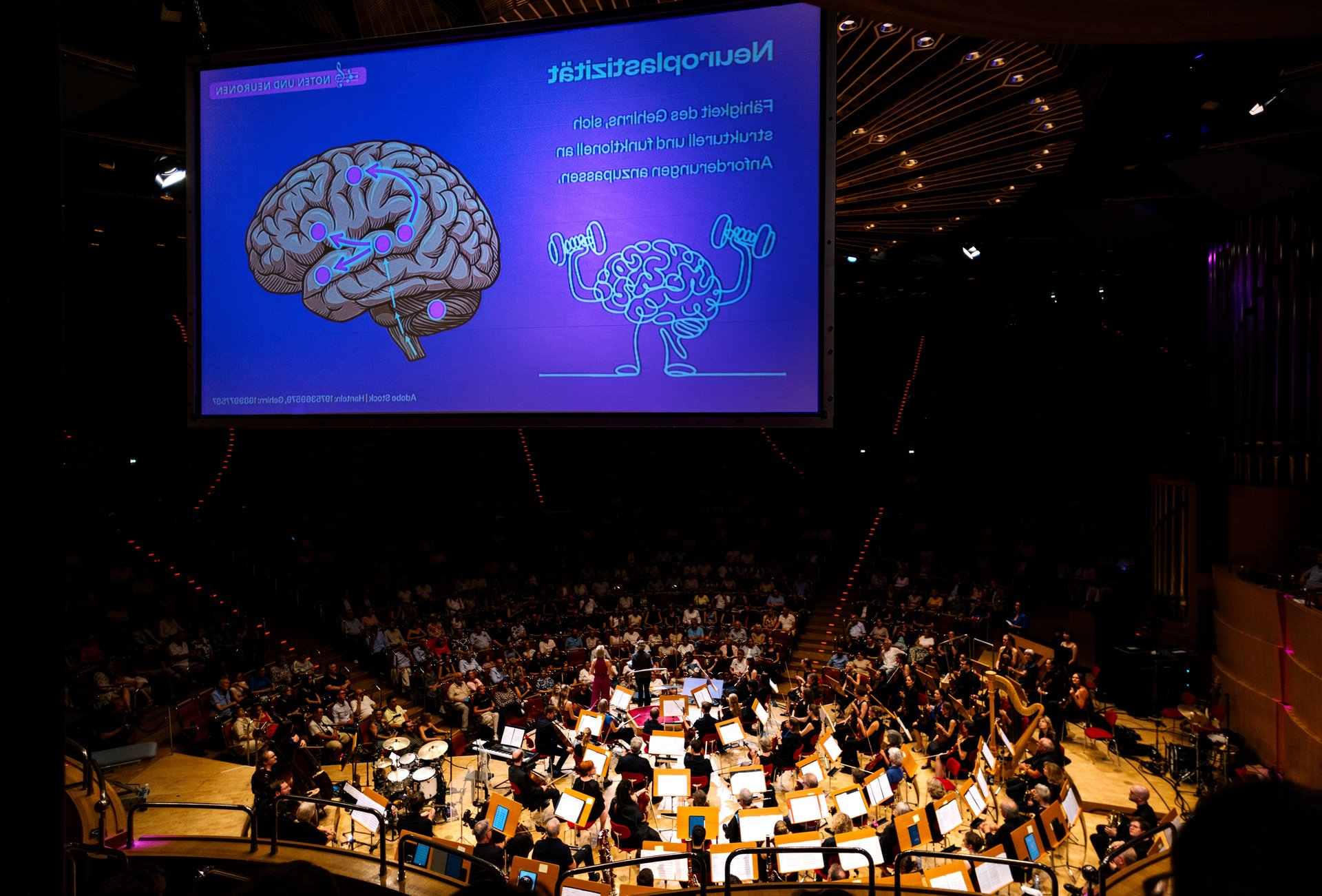 Orchester auf der Bühne der Kölner Philharmonie, darüber eine Leinwand mit der Abbildung eines Gehirns