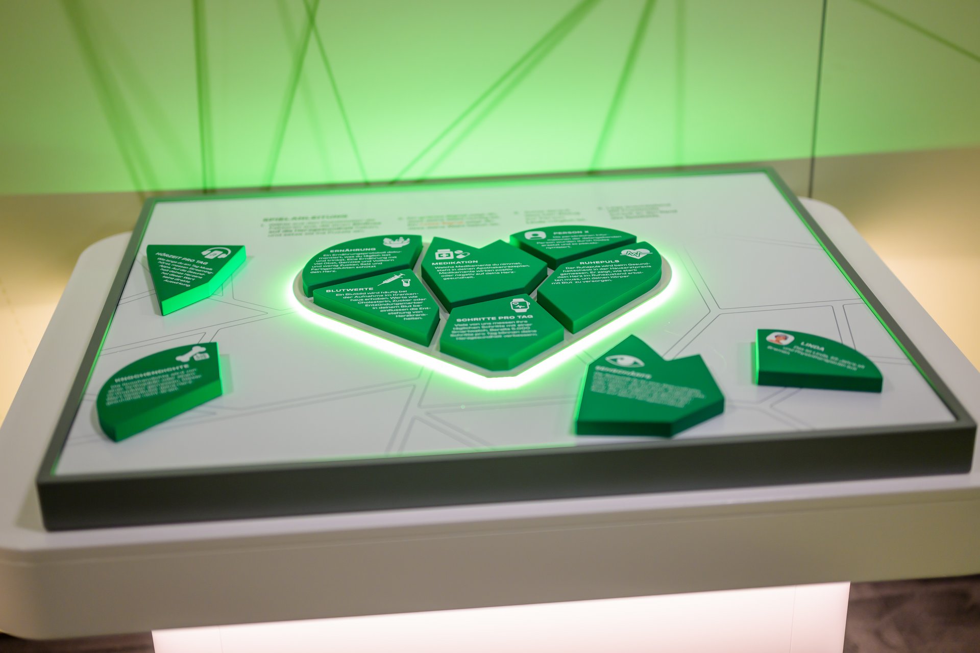 Eine grüne Herz-Skulptur mit Informationen zu Herzgesundheit.