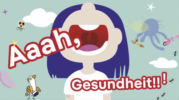 Illustrierte Person schaut nach oben und reißt den Mund weit auf, im Vordergrund steht: Aaah, Gesundheit!