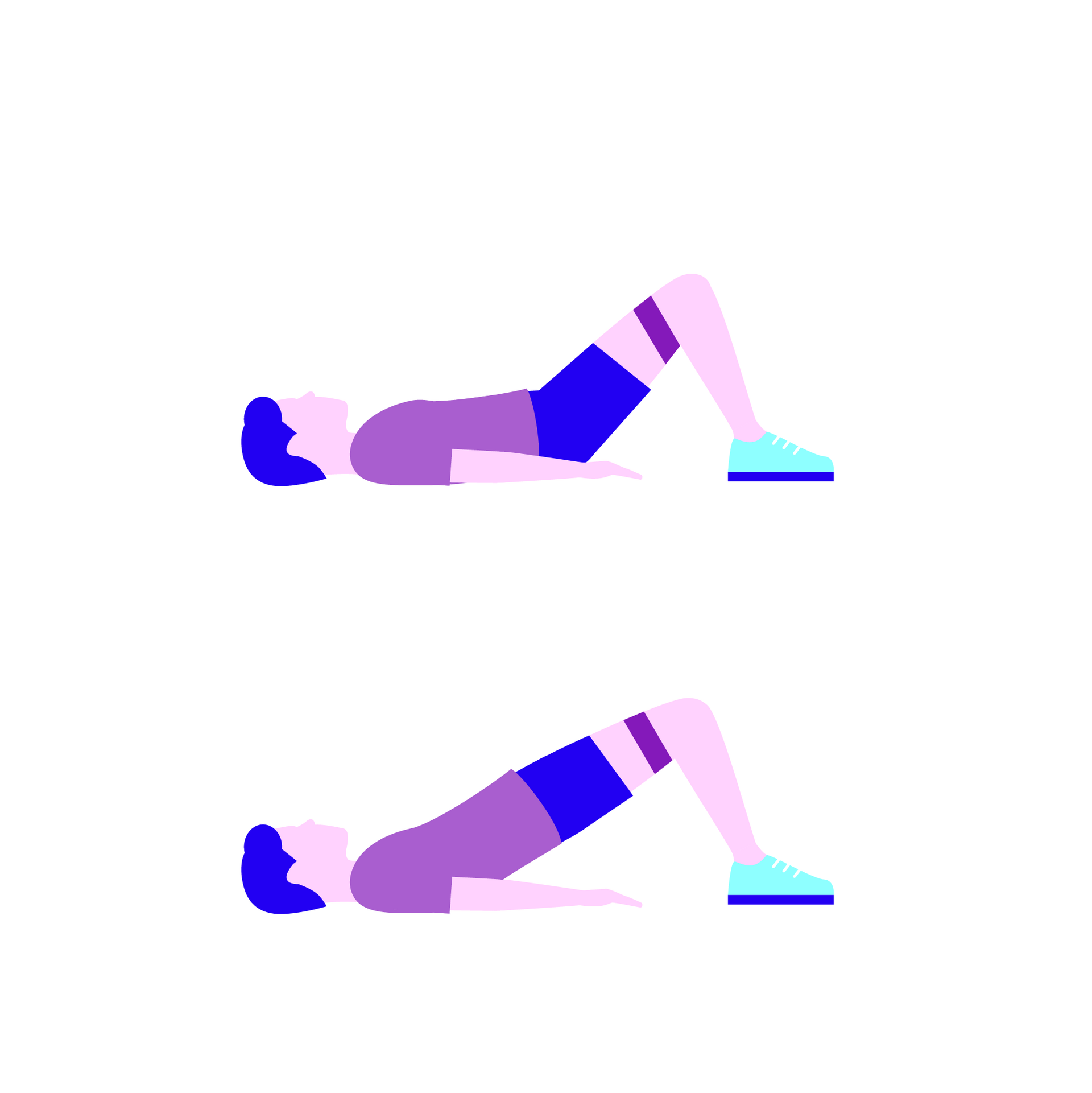 Zwei Abbildungen einer illustrierten Person, die mit aufgestellten Beinen auf dem Boden liegt. In einer Position hebt sie das Becken an.