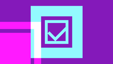 Ein cyanfarbiher Haken auf violettem Grund.