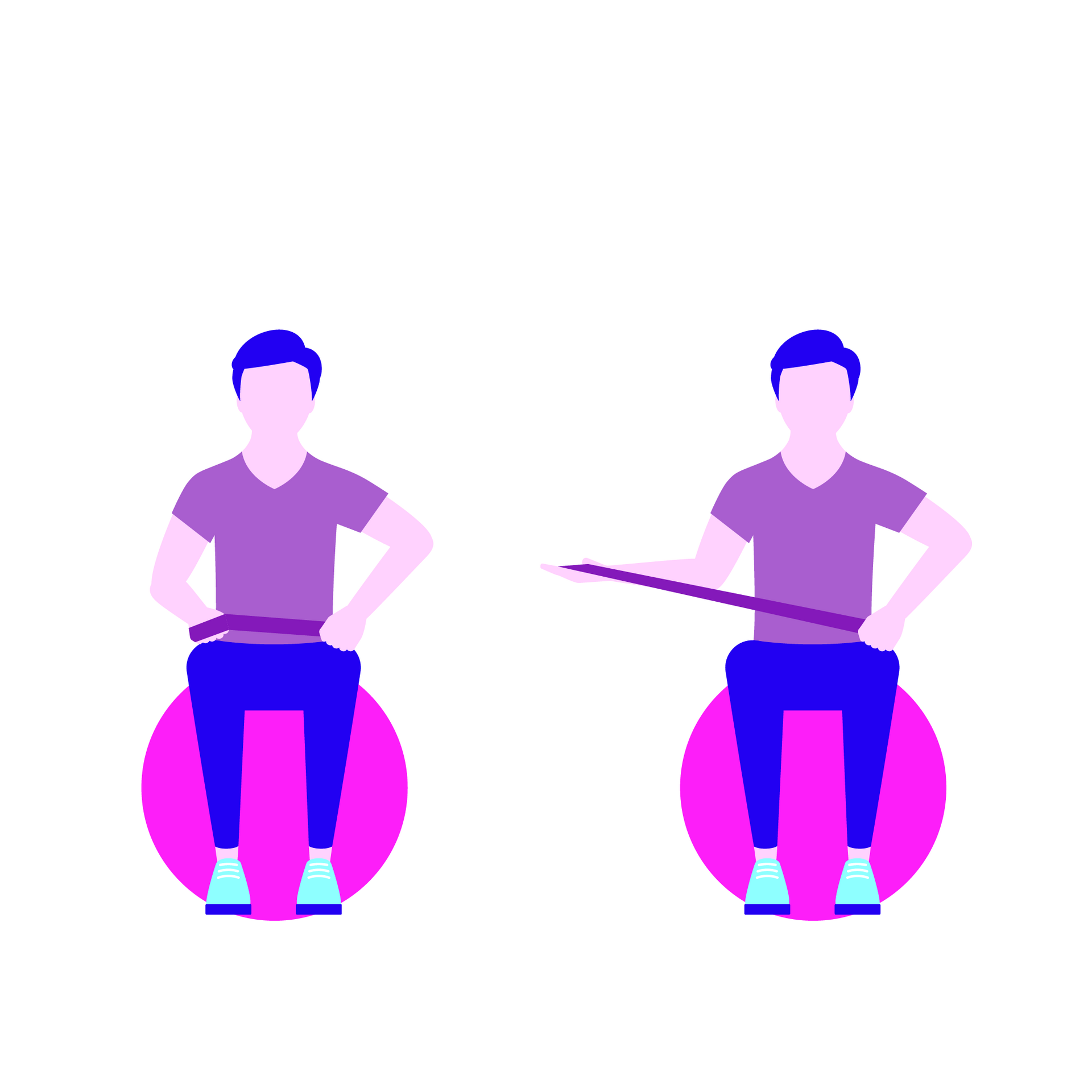 Zwei Abbildungen einer illustrierten Person, die auf einem Gymnastikball sitzt. In der einen Position hält sie ein Fitnessband locker vor dem Bauch, in der anderen dehnt sie es, indem sie einen Arm ausstreckt.