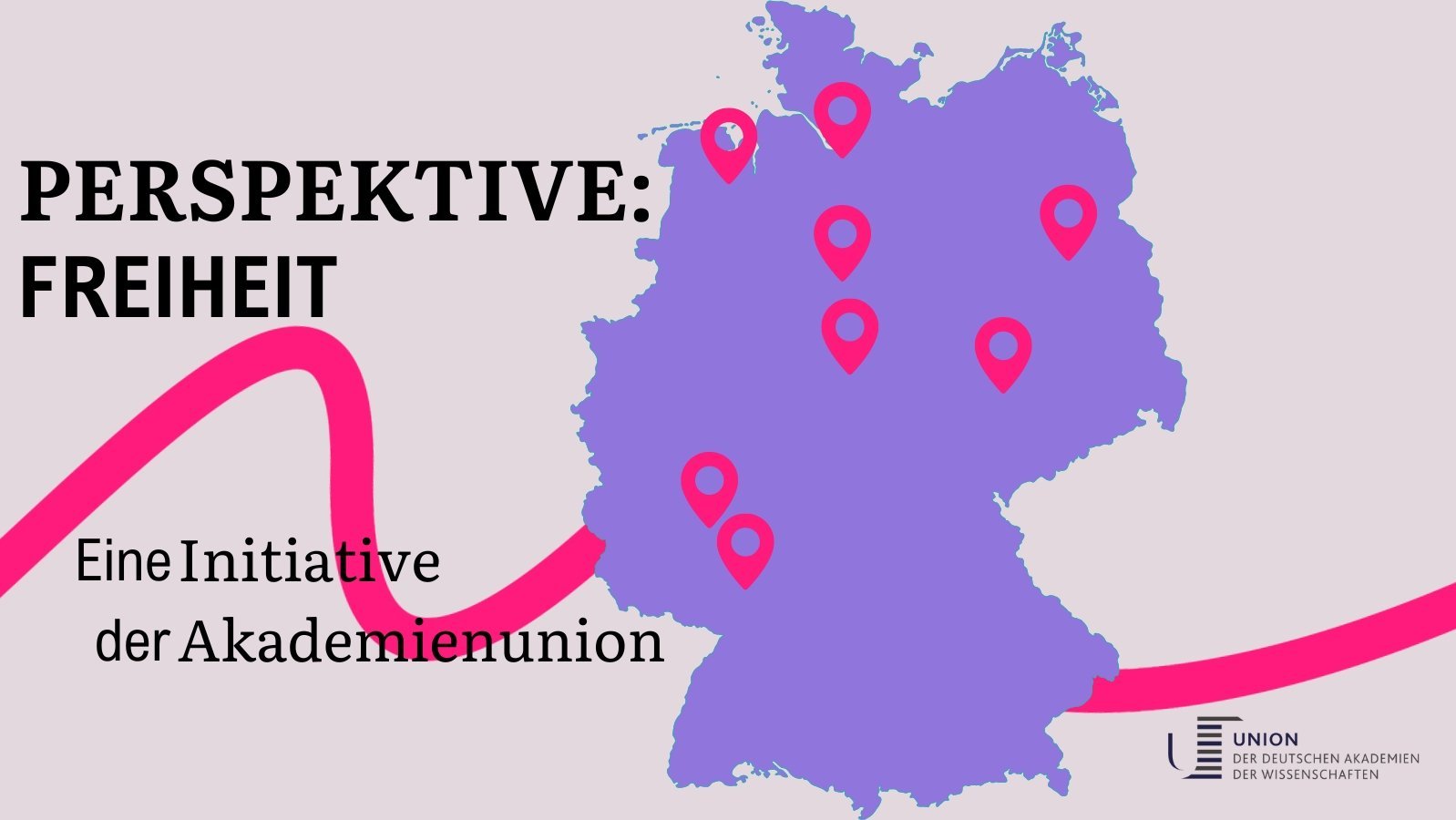 Deutschlandkarte mit Pins bei Standorten der Veranstaltungen und der Aufschrift PERSPEKTIVE:FREIHEIT.