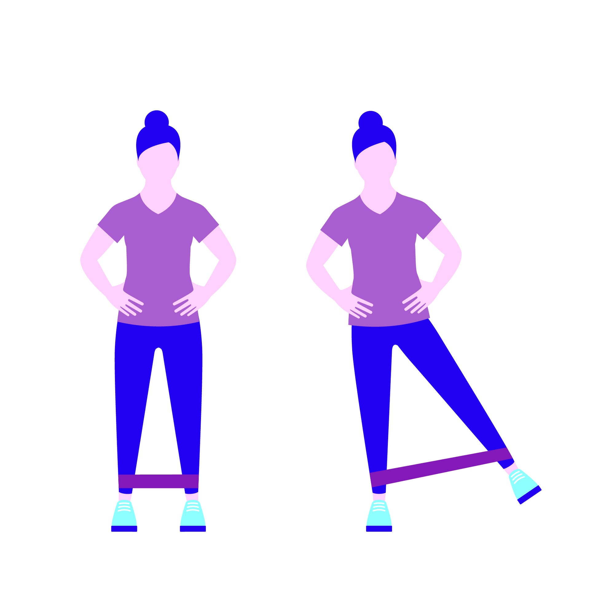 Zwei Abbildungen einer illustrierten Person, die aufrecht steht und ein Band um die Fußgelenke gebunden hat. In einer Position steht sie mit beiden Füßen auf dem Boden, in der zweiten Position hebt sie ein Bein seitlich hoch.