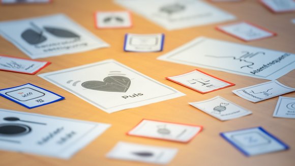 Tisch auf dem verschiedene Karten mit medizinischen Begriffen und Symbolen liegen.