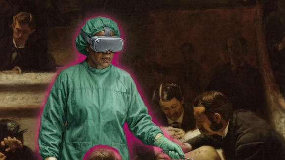 Historische Operationsszene mit mehreren Männern in Anzügen um einen Patienten auf einem Operationstisch. In der Mitte steht eine Person in moderner grüner OP-Kleidung mit VR-Brille und Skalpell.