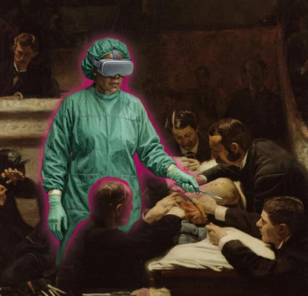 Historische Operationsszene mit mehreren Männern in Anzügen um einen Patienten auf einem Operationstisch. In der Mitte steht eine Person in moderner grüner OP-Kleidung mit VR-Brille und Skalpell.