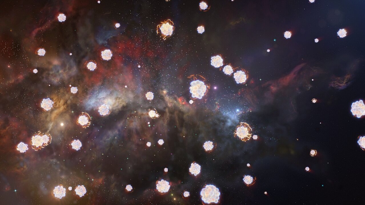 Illustration eines Sternennebels, davor schematische Darstellungen verschiedener Atome
