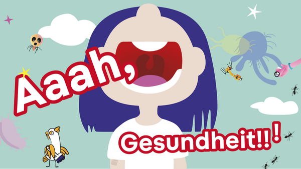 Illustrierte Person schaut nach oben und reißt den Mund weit auf, im Vordergrund steht: Aaah, Gesundheit!