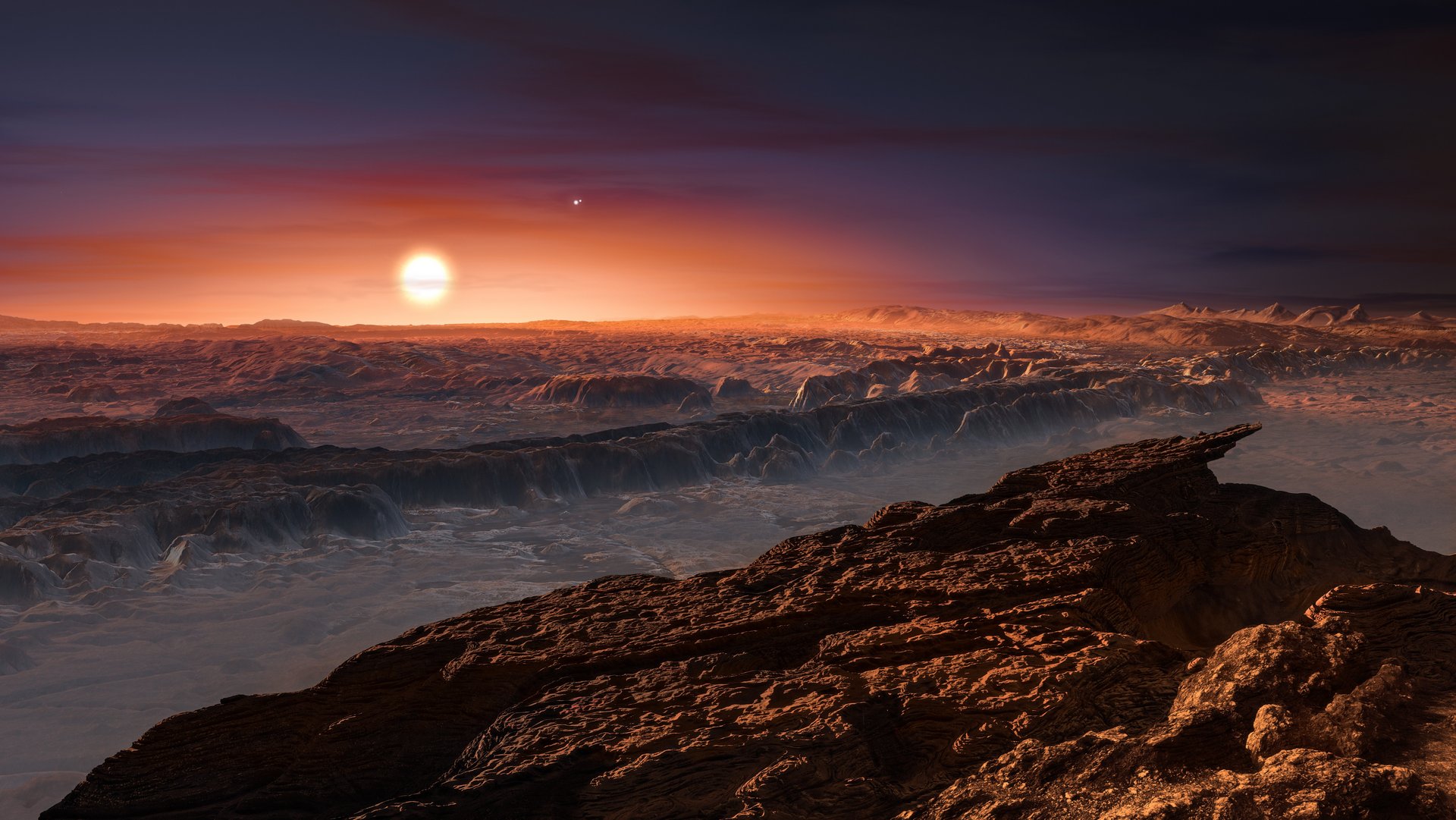 Eine künstlerische Darstellung der Oberfläche des Exoplaneten Proxima Centauri.